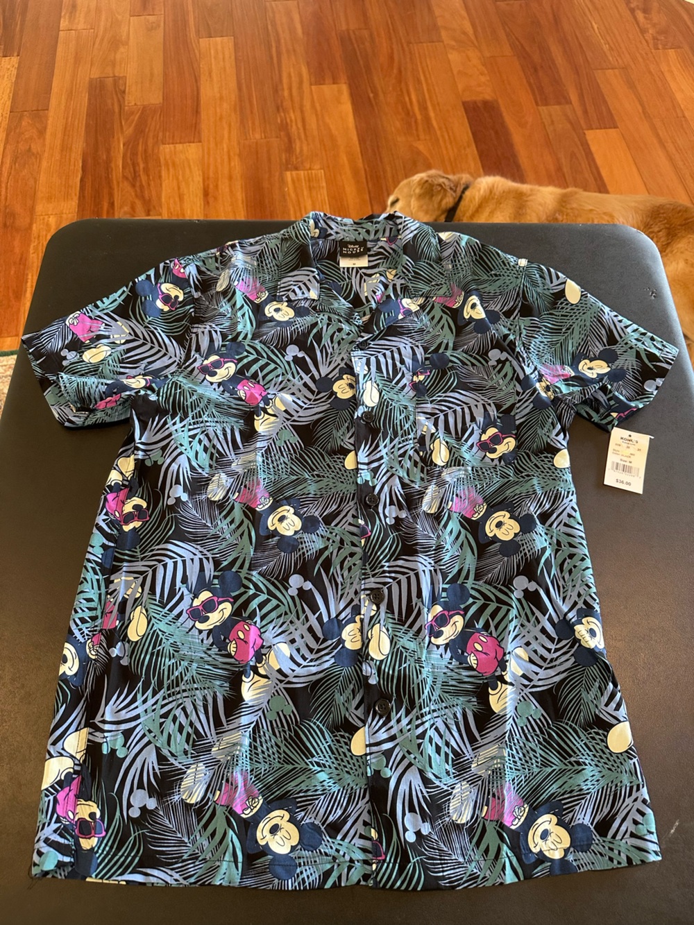 Disney Mickey Mouse Tropical Floral Short-Sleeve Shirt - Black Green Mens Medium